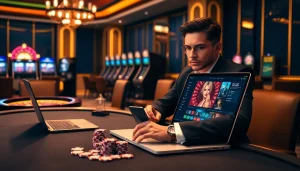 Experience excitement at sites de casino en ligne with a player in a luxury casino setting enjoying poker.