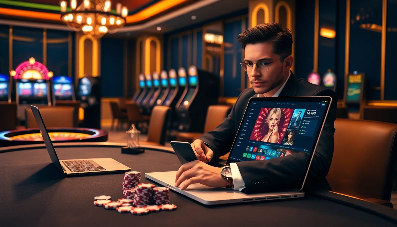 Experience excitement at sites de casino en ligne with a player in a luxury casino setting enjoying poker.