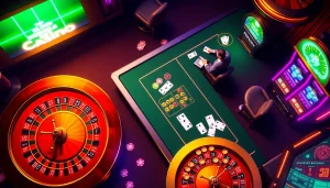 Experience thrilling gameplay at sites de casino en ligne with vibrant roulette wheels, poker chips, and engaging players.