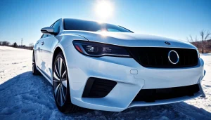 PPF winter road salt protection shines on a vehicle, showcasing glossy surfaces against a winter backdrop.