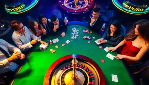 Gamblers enjoying a thrilling PG88 gaming experience at a luxurious casino.