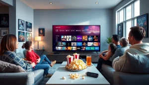 Enjoying family time with Iron tv pro streaming on a Smart TV in a modern living room.