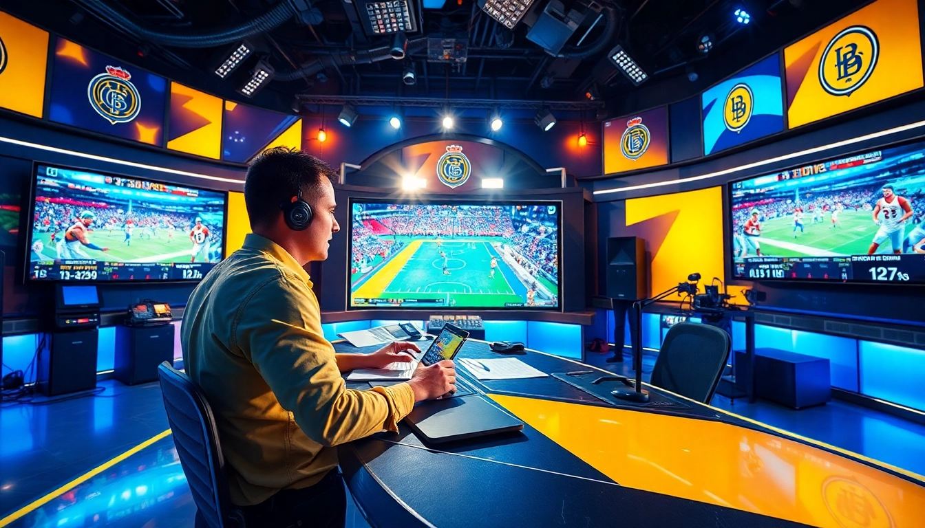 Engaging sports broadcasting scene featuring a broadcaster with technology in a vibrant studio.