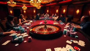 Engaged players celebrating their 32 win at an elegant casino table with vibrant poker chips.